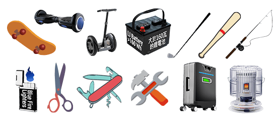 Skateboard, baggage or similar devices with board function, over 160Wh power bank, golf club, baseball bat, fishing pod, blue fire lighter, knife, scissors, tools, kerosene stove and illegal wildlife are NOT permitted in or as carry-on baggage.